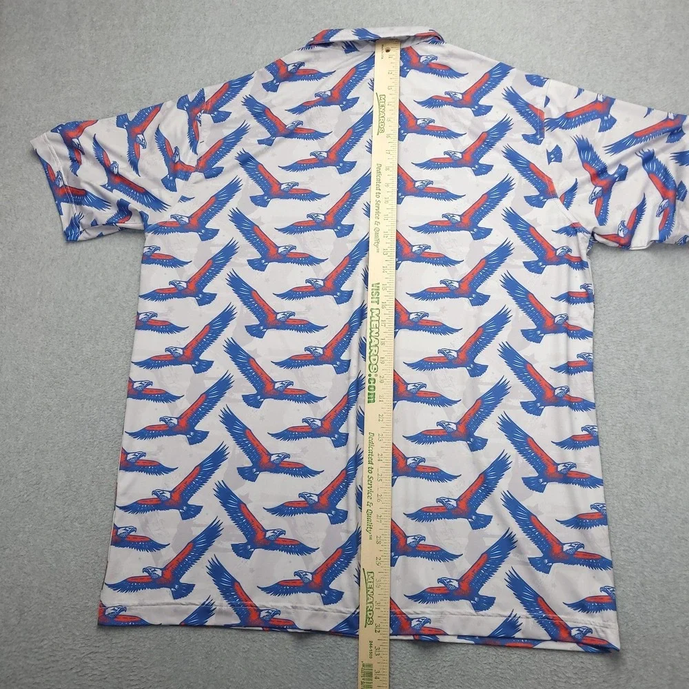 Waggle Polo Shirt Mens 2XL White‎ Blue Red Eagle Print Golf Performance Stretch - Picture 6 of 9